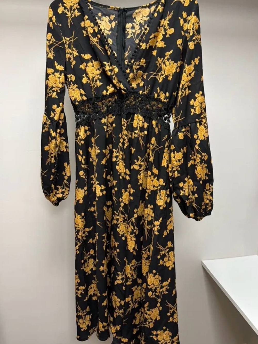 Black Floral Wrap Midi Dress with Yellow Blooms